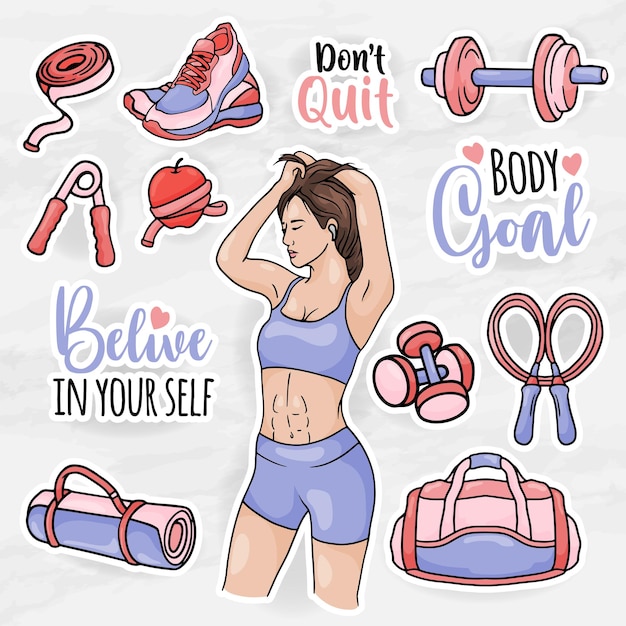 healthy women sticker clip art collections set with girl gym equipment