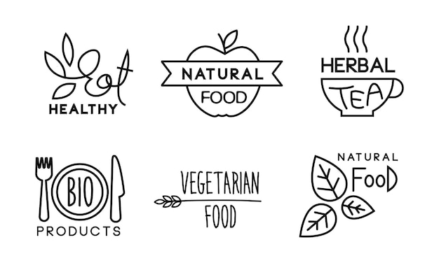 Healty natural vegetaran food linear logo set healthy organic vegan food labels restaurant cafe bagges bio products vector Illustration isolated on a white background