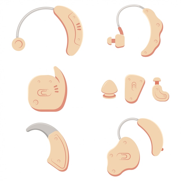 Hearing aids of different types. Vector cartoon set isolated on white background.