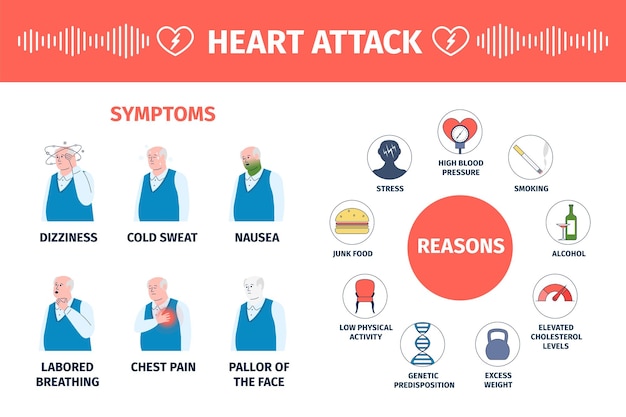 Heart attack symptoms Reasons ischemic disease infographic poster with old man Flat cardiovascular medicine male with nausea and sweat recent vector banner