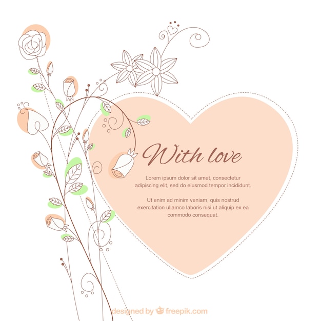 Vector heart card with hand drawn flowers