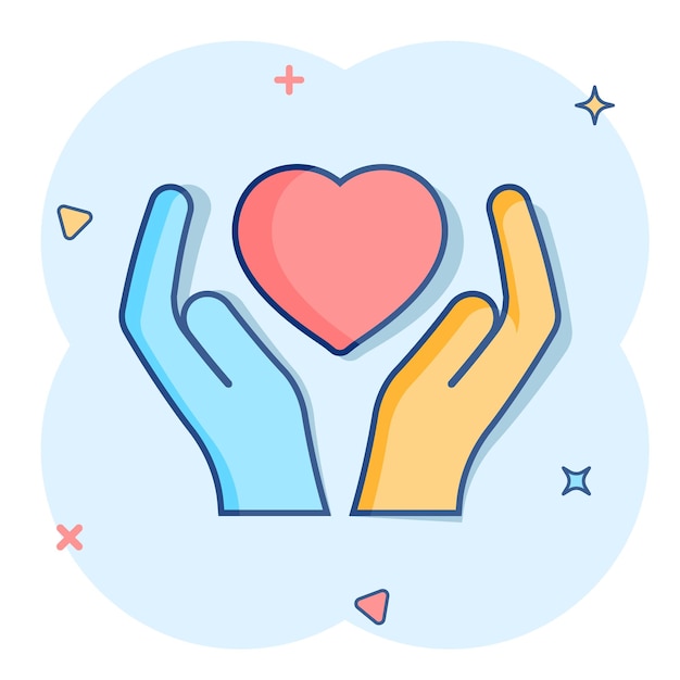 Heart care icon in comic style Charity vector cartoon illustration on white isolated background Love in hand business concept splash effect