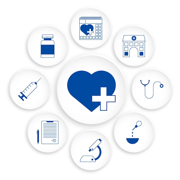 Heart care infographics. Regular medical examinations. Health care. Stethoscope, vitamins, syringe, microscope, hospital, doctor conclusion. Vector in neomorph style