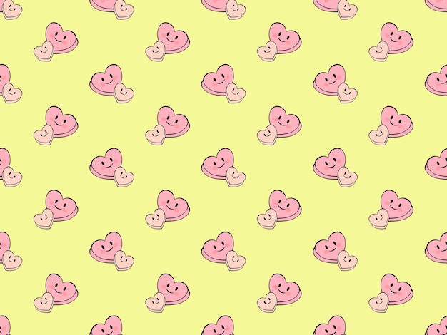 Heart cartoon character seamless pattern on yellow background