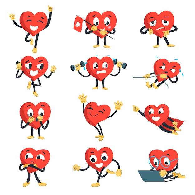 Heart character cheering exercising and working