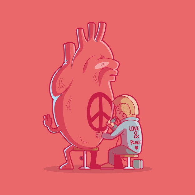 Heart character getting a peace tattoo vector illustration Love peace design concept