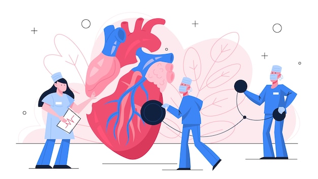 Heart checkup banner concept. Idea of health care and disease diagnosis. Doctor examine a heart with stethoscope. Cardiology specialist.   illustration in  style