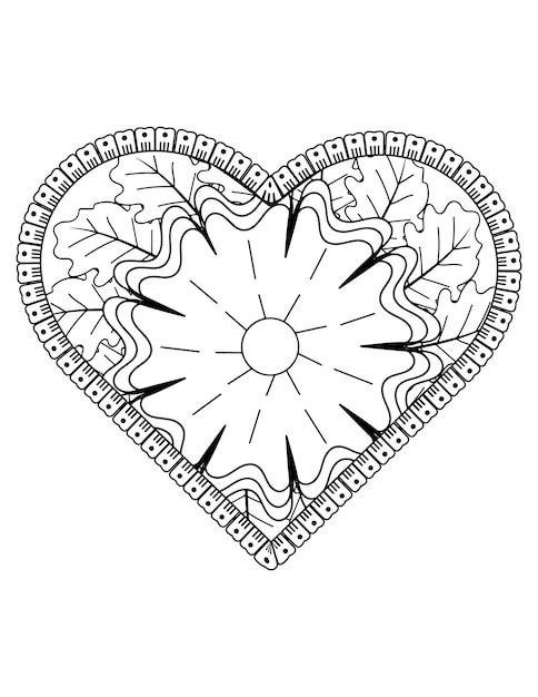 Heart coloring page, flower coloring book for adults, heart shape, heart ornament.