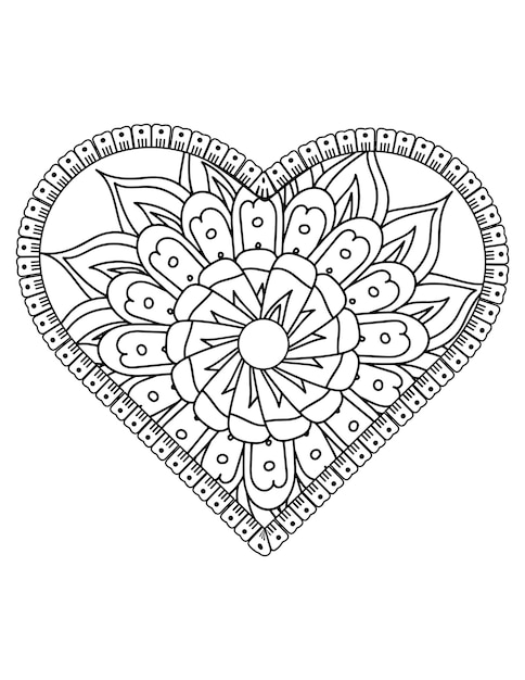 Heart coloring page, flower coloring book for adults, heart shape, heart ornament.