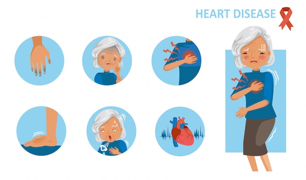 Heart disease. heart attack symptoms. Old woman standing hand holding chest pain.  