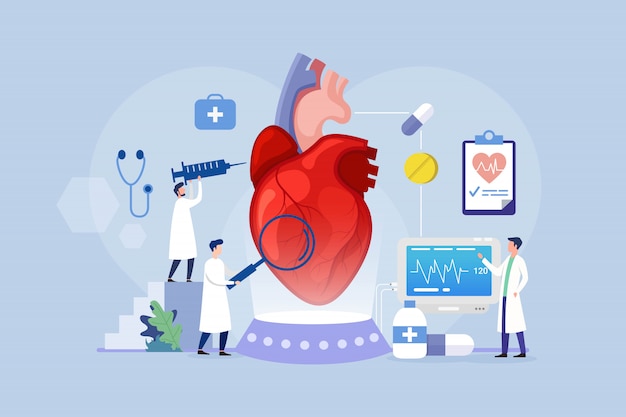 Heart disease treatment design concept with tiny people