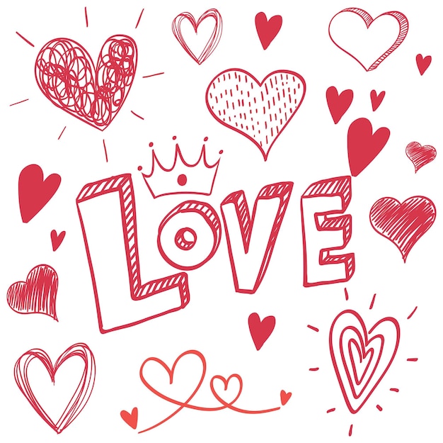 Heart doodles and love word set