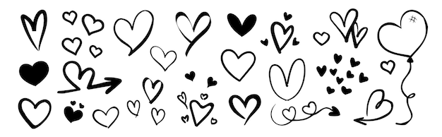 Heart doodles set Hand drawn hearts collection Icon cute doodle love