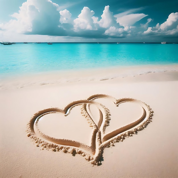 Vector a heart drawn in the sand on a beach with a boat in the background