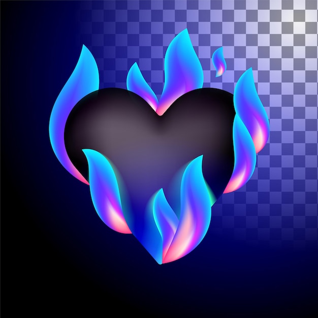 Vector heart in fire hot emoji black burning heart with fire on a black background vector illustration