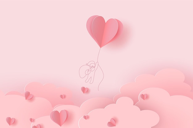 Heart flying balloon with drawing Santa Claus on pink background. Vector love postcard for Happy Valentine Day or Merry Christmas greeting card design. Paper flying elements of love shape of heart