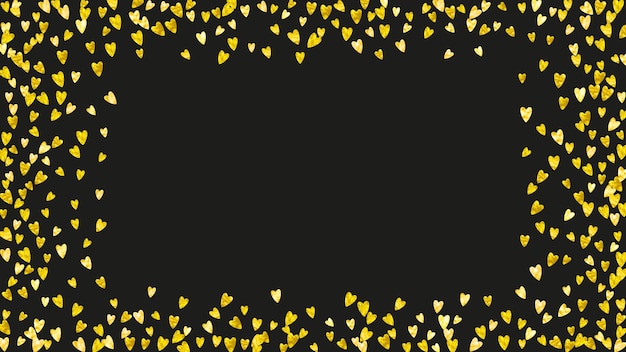 Heart frame background with gold glitter hearts Valentines day Vector confetti Hand drawn texture