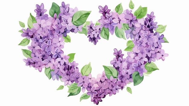 Vector heart frame of lilac flowers and green leaves isolated