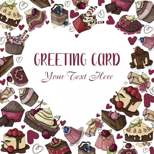 Heart frame of sweets, deserts, cakes, with text