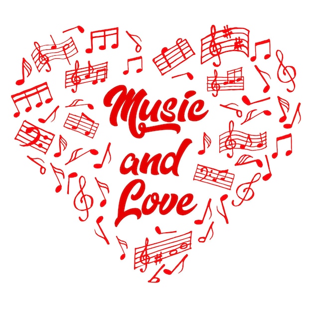 Heart from music notes stave and treble clef in red color and text Music and love Clip art print