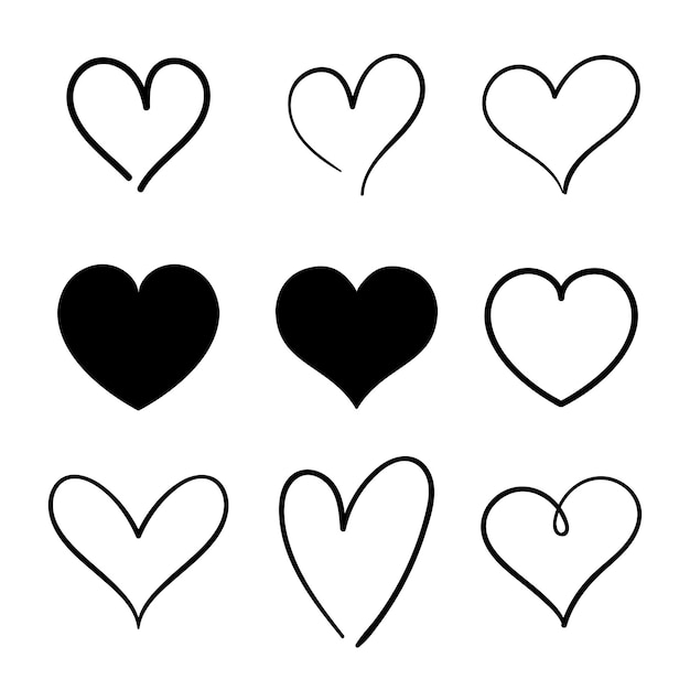 Heart hand drawn icons set isolated on white background. For poster, wallpaper and Valentine's day. Collection of hearts, creative art.