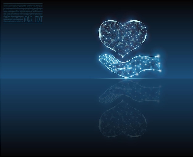 Heart on a hand vector icon eart and line pulse digital technology with mirror reflection