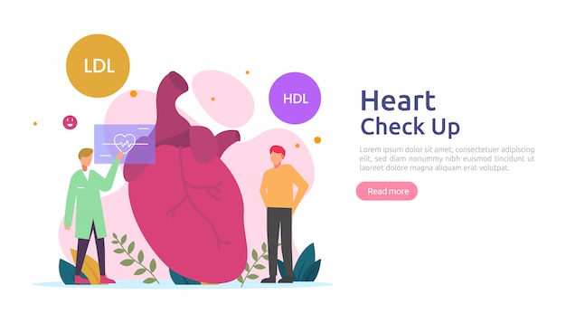 Heart health, disease, cardiology concept with character. hypertension symptoms & cholesterol blood pressure measurement. Medical examination doctor checkup services for healthcare transplantation