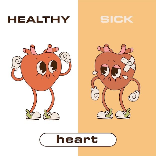 Heart human internal organ healthy vs unhealthy medical anatomic funny s style retro cartoon charact