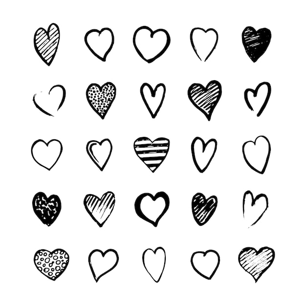 Vector heart icons hand drawn set for valentines day