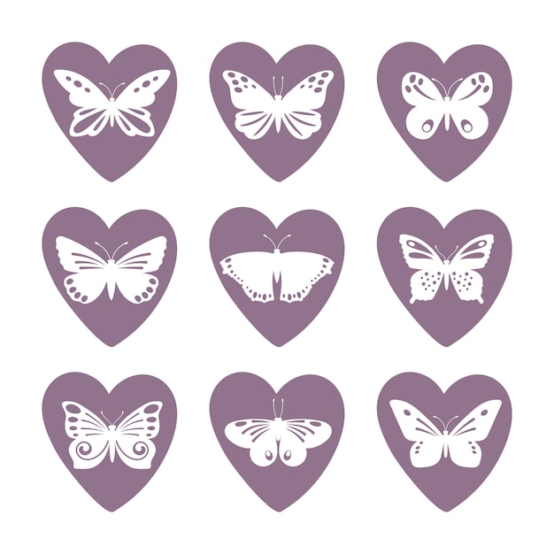 Heart icons with lace butterfly silhouettes  set