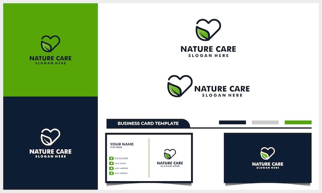 Heart line art care with nature leaf logo design concept and business card template