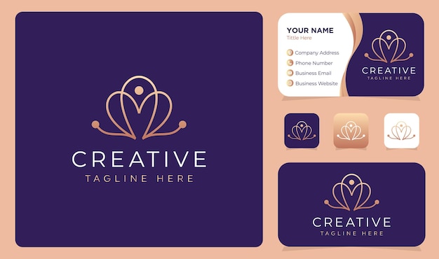 Heart love lotus flower yoga spa logo design vector with business card template