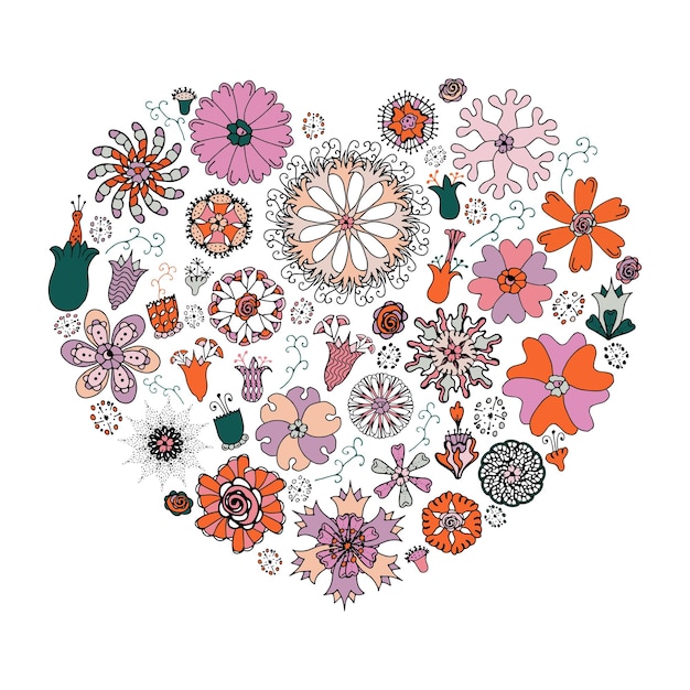 Vector heart made of floral elements in doodle style multicolored vector flowers for cards wedding