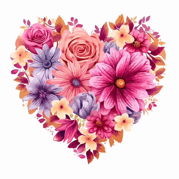 Vector a heart made of flowers with the word love in the middle