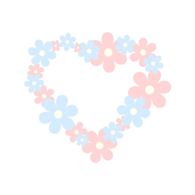 Heart made of pink and blue flowers on a white background