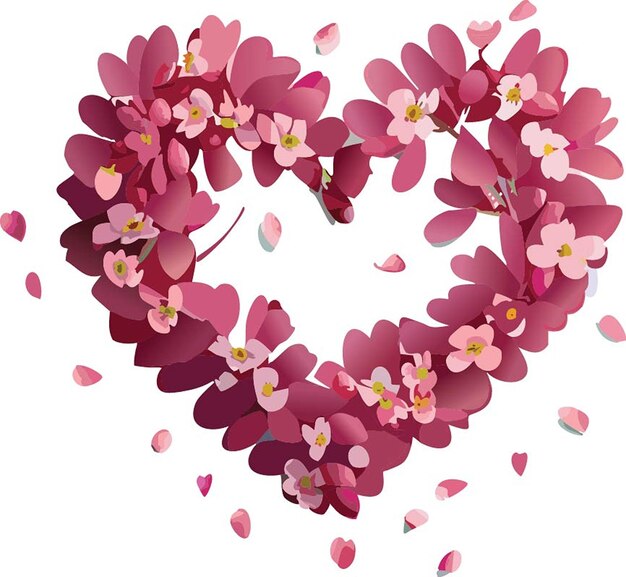 Vector a heart made of pink flowers with the word love in the middle