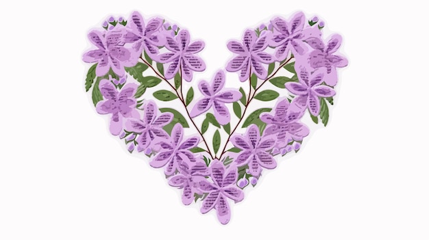 a heart made of purple flowers with green leaves and a white background