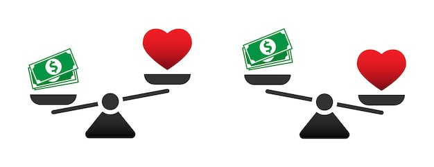 Heart and money on the scales Choice concept love or money Flat vector illustration