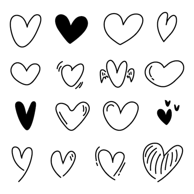 Heart outline cartoon drawing set isolated on white background