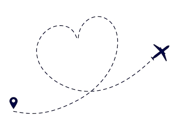 Heart plane route. Love plane path. Airplane flying destination. Lovely romantic traveling honeymoon. Dotted flight way 