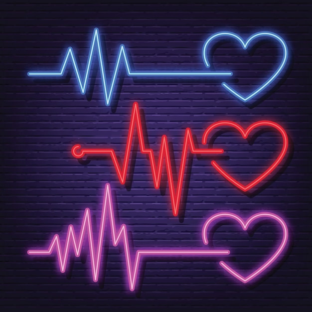 Heart pulse rate neon icon set