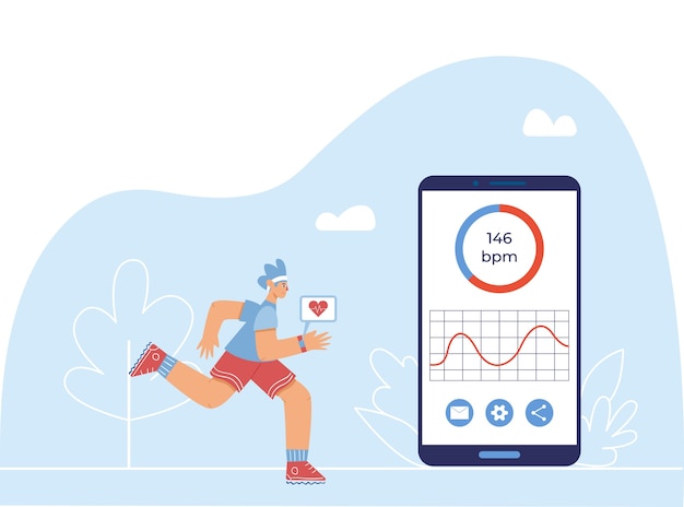 Heart rate monitoring app concept. A boy with a smart watch on her hand runs near a huge smartphone