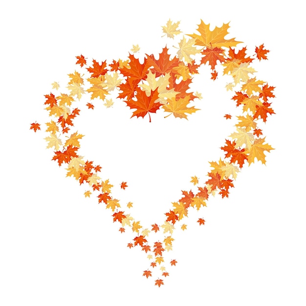 Heart of scattered autumn maple leaves. Autumn illustration, background, vector