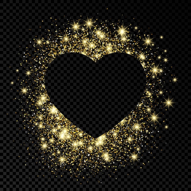 Heart shape frame with golden glitter on dark transparent  background. Greeting card with empty dark background. Vector illustration.