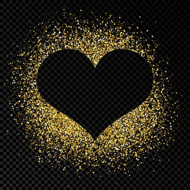 Heart shape frame with golden glitter on dark transparent background Greeting card with empty dark background Vector illustration