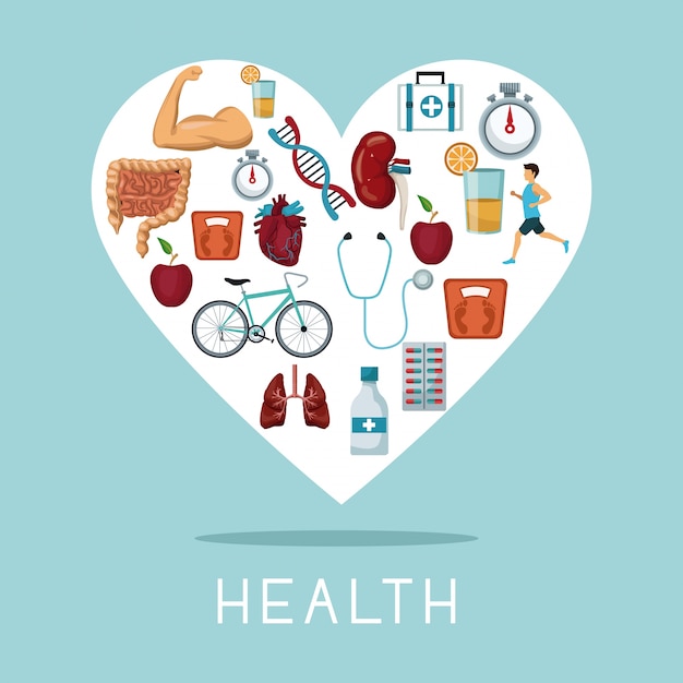 heart shape frame with icons of health elements