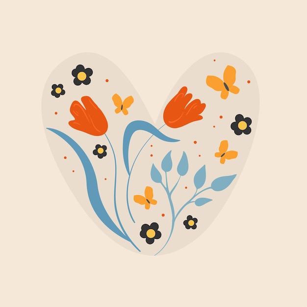 Heart shape full of blooming flowers vector floral illustration in boho style