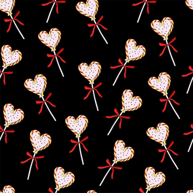 Heart shape lolipops pattern black seamless background