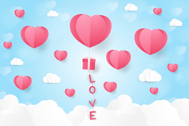 A heart shape paper art style valentine day Origami made hot air balloon