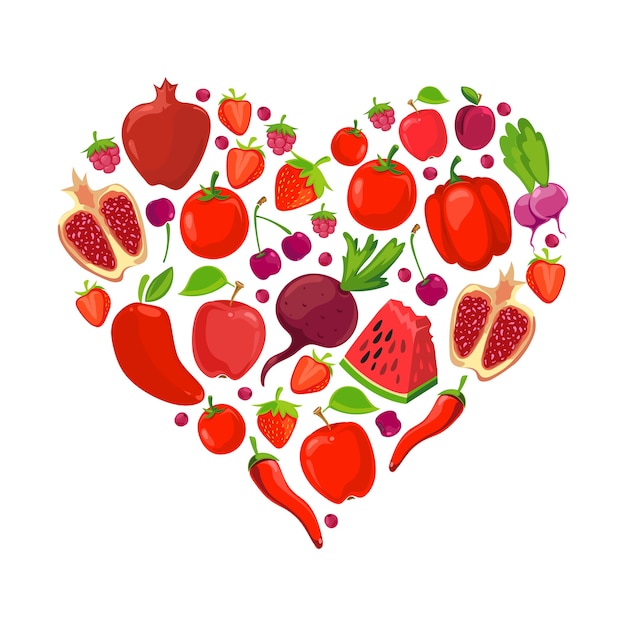 Heart shape of red fruits and vegetables